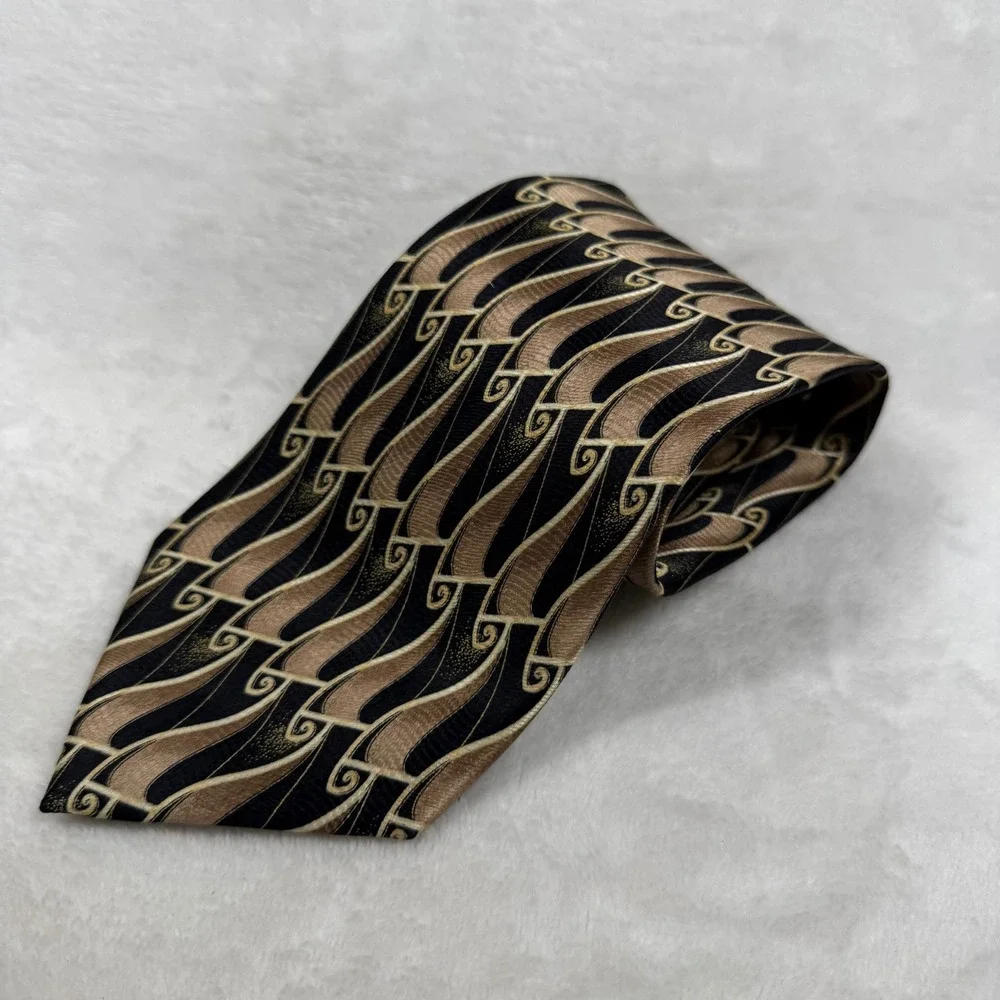Giorgio Bissoni Mens Silk Tie Black Gold Bronze Abstract Art Deco Geometric 8223